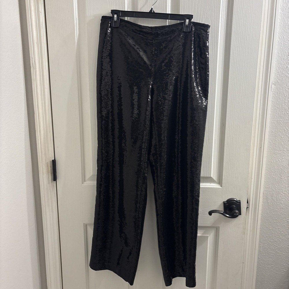Chico's Size 15 (M) Black Sequin Shiney Shimmery Dress Formal Pant Wide Leg